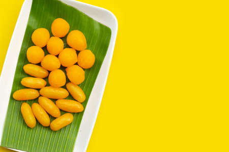 Traditional Thai desserts. "Med Kanoon" with "Thong Yod"の写真素材