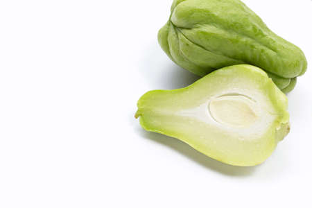 Fresh chayote fruit on white background.