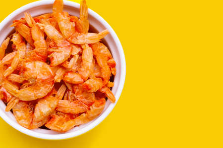 Dried shrimp on yellow background.の写真素材