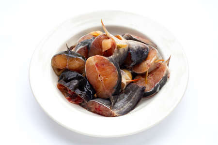 Catfish cut pieces on white background.の写真素材