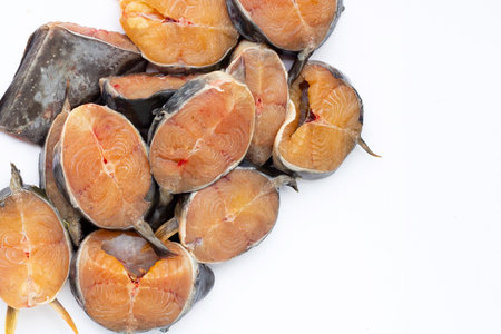 Catfish cut pieces on white background.