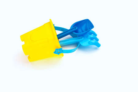 Plastic toys, shovels with bucketの写真素材