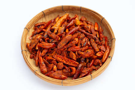 Fried Chili, Spicy snack on white background.の写真素材