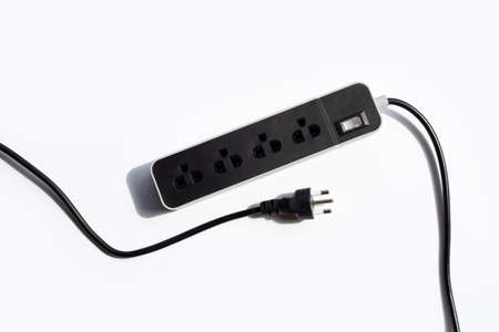 Electrical power strip and plug on white background.