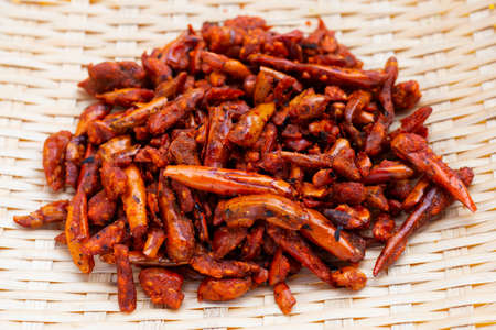 Fried Chili, Spicy snack in bamboo plate