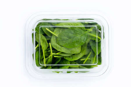 Spinach leaves in plastic box on white background.の写真素材