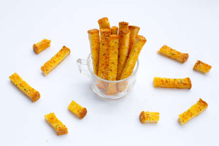 Garlic bread sticks isolated on white background.