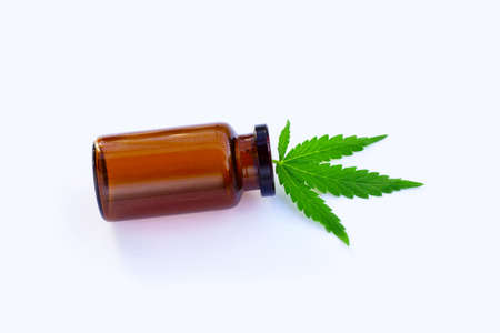 Cannabis plant, Fresh green leaf with brown bottle on white backgroundの写真素材