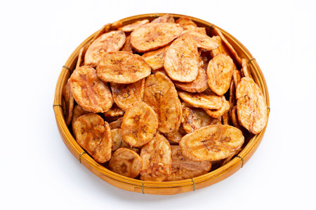 Banana chips on white background.の写真素材