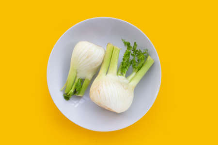 Fresh fennel bulbs on yellow background