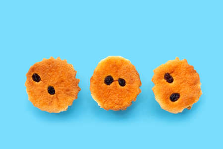 Mini castella cake on blue background.の写真素材