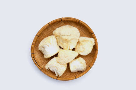 Rare Lion`s mane mushroom on white background.
