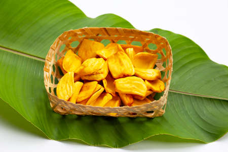 Jackfruit chips on green leafの写真素材