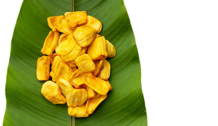 Jackfruit chips on green leaf