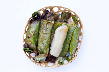 Grilled sticky rice in banana leaves with banana fillingの写真素材