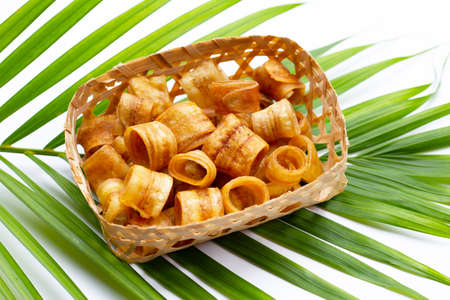 Crispy banana chip rolls. Fruit snackの写真素材