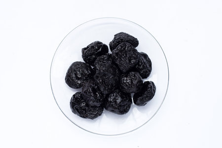 Dried prunes on white backgroundの写真素材