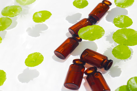Fresh green leaves of Centella asiatica or gotu kola or asiatic pennywort, floating on water with essential oil bottlesの写真素材