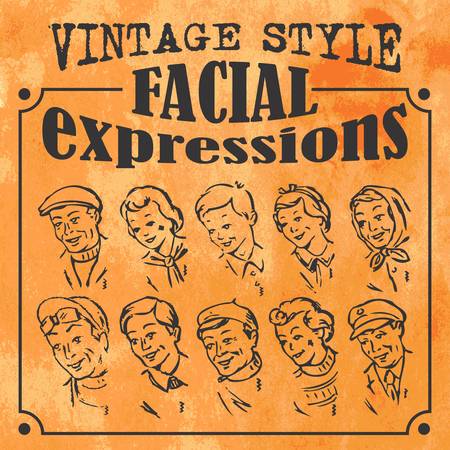 Vintage style diferrent facial expressionsのイラスト素材