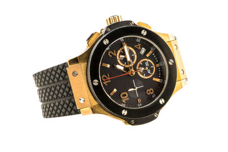 Gold modern watch isolated on whiteの写真素材