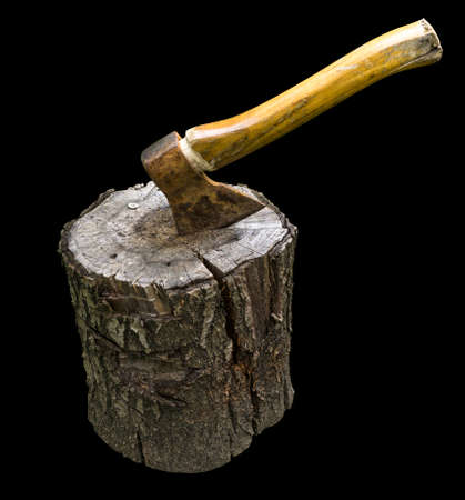 Ax driven into the wood timber isolated on blackの写真素材
