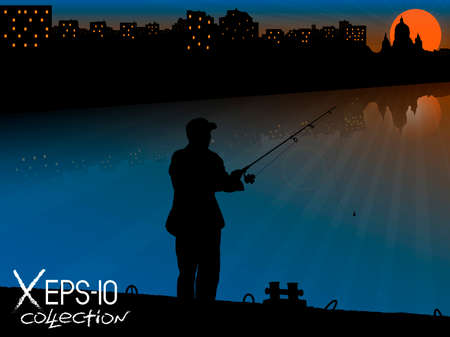 Silhouette of fisherman with fishing rod on pier fishing on background of night city and sunset with reflections. Vector illustration of my raster photoのイラスト素材