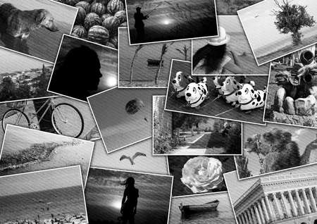 Mosaic collage mix travel in summer 2015 with pictures of different places, landscapes and objects shot by myself black and white and cloth texturedの写真素材