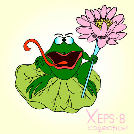 Green smiling cartoon frog with a staff of lilies in his hand on the leaf. Vector illustrationのイラスト素材
