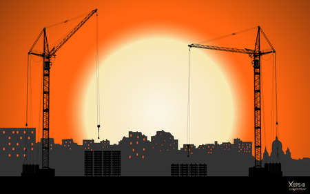High detailed vector hoisting cranes building the town on sunset background. Vector illustrationのイラスト素材