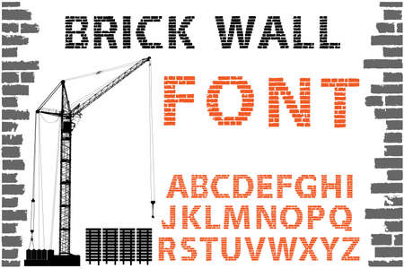 Orange decorative brick wall style font on building set white background. Vector illustrationのイラスト素材