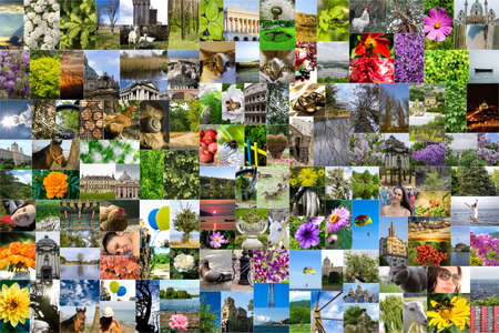 Symmetric mosaic mix collage of 200 photos of life style, people, different places, landscapes, flowers, insects, objects, sport and animals shot by myself during Europe travelsの写真素材