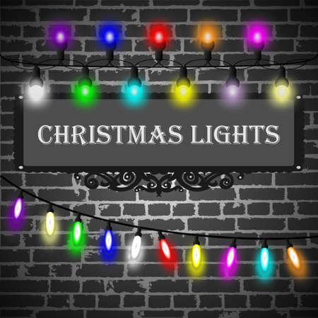 Christmas lights decorations set on black brick wall background. Vector illustrationのイラスト素材