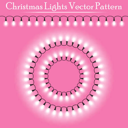 Vector detailed realistic Christmas white lights and circle frames on pink background. Vector illustrationのイラスト素材