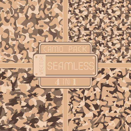 War desert brown camouflage pack 4 in 1 seamless vector pattern. Can be used for wallpaper, pattern fills, web page background, surface textures. Vector illustrationのイラスト素材