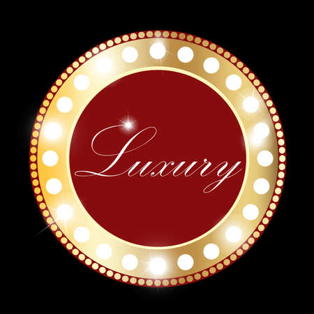 Shining retro gold and red circle vintage banner with lights on black background. Vector illustrationのイラスト素材