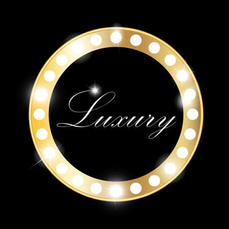Shining retro gold circle vintage banner with lights on black background. Vector illustrationのイラスト素材