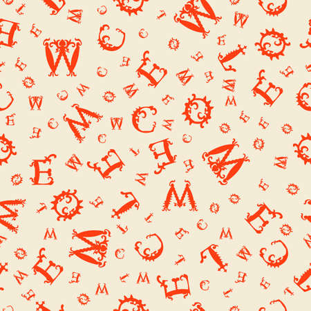 seamless orange vintage pattern with white curved letters on beige background. illustrationのイラスト素材