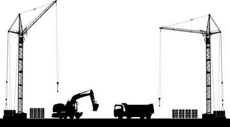 Building site with detailed silhouettes of construction machines on white background. Vector illustrationのイラスト素材