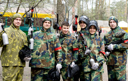 Kiev, Ukraine - April 9, 2016: Paintball team with guns end equipmentのeditorial素材