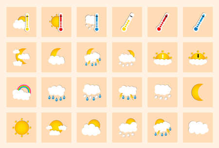 Set of 24 vector weather square colored window style flat icons on ivory background. Vector illustrationのイラスト素材