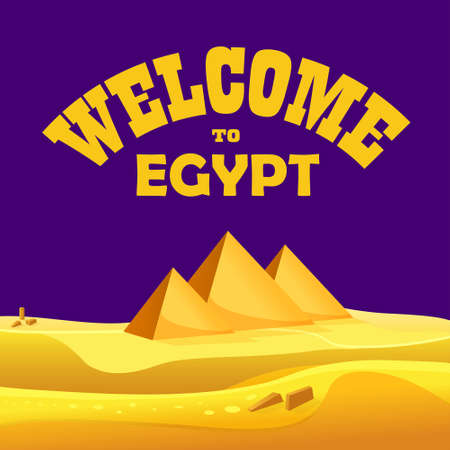 Cartoon "Welcome to Egypt" concept. Egyptian pyramids in the desert with night sky. Vector illustrationのイラスト素材