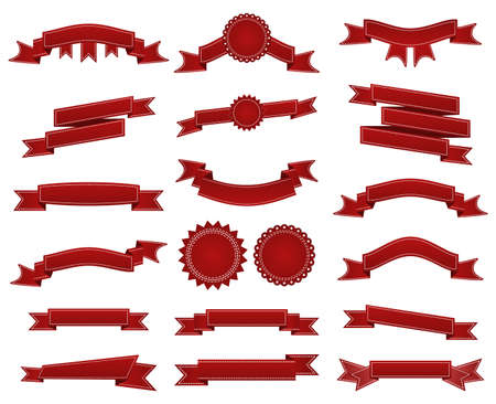 Embroidered red ribbons and stumps pack isolated on white. Can be used for banner, award, sale, icon, , label etc. Vector illustrationのイラスト素材