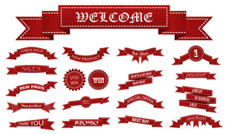 Embroidered red ribbons and stumps with business text isolated on white. Can be used for banner, award, sale, icon, logo, label etc. Vector illustrationのイラスト素材