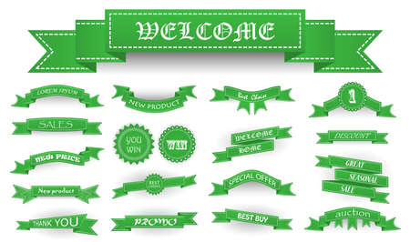 Embroidered soft green vintage ribbons and stumps with business text and shadows isolated on white. Can be used for banner, award, sale, icon, logo, label etc. Vector illustrationのイラスト素材