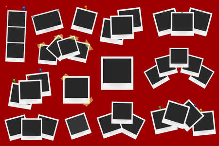 Set of realistic vector photo frames on sticky tape, pins and rivets isolated on red background. Template photo design. Vector illustrationのイラスト素材