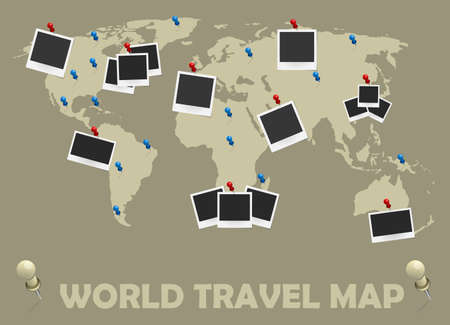 World travel map with photo frames and pins. Journey concept design. Vector illustrationのイラスト素材