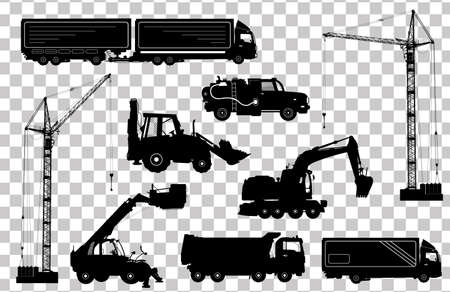 Construction equipment: trucks, excavator, bulldozer, elevator, cranes. Detailed silhouettes of construction machines isolated. Vector illustrationのイラスト素材