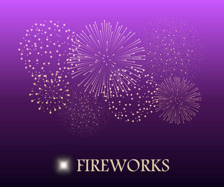 Firework show on violet gradient night sky background. Vector illustrationのイラスト素材
