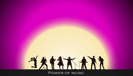 Band show on pink sunset background. Festival concept. Set of silhouettes of musicians, singers and...