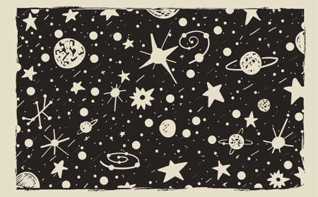 Hand drown scratch style night sky background. Space, stars and planets. Vector Illustrationのイラスト素材